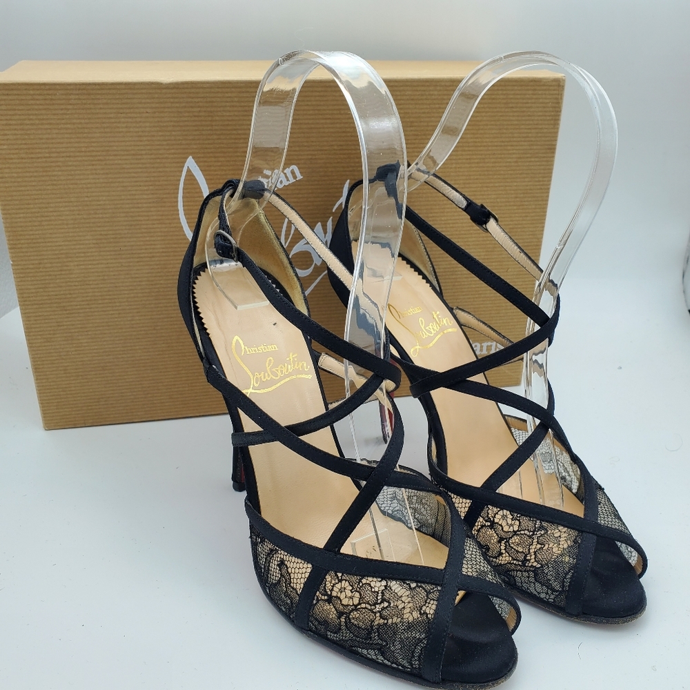 Christian Louboutin Vanitarita Crepe Satin Lace Trim Embellished Sandal …